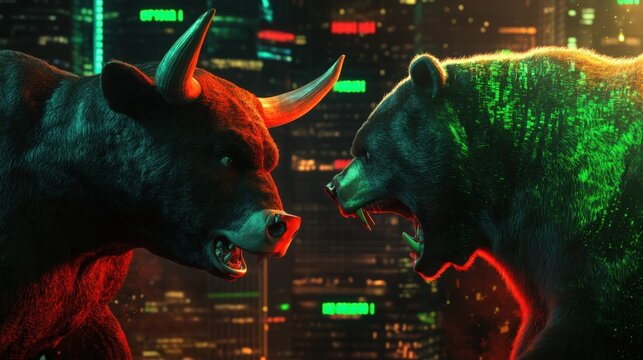Bear market vs bull market in front of Bitcoin and cryptocurrency market chart image.