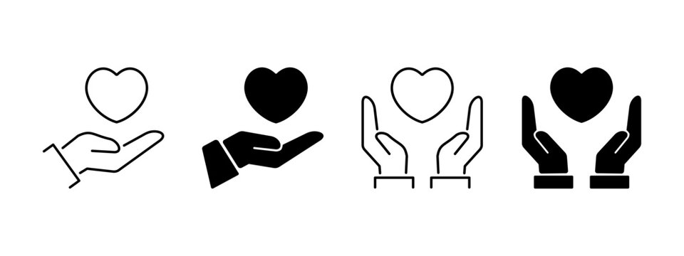 Hands holding heart icon set. save and care life vector symbol. giving love pictogram. give solidarity two hands icon. charity or donation sign. Color editable
