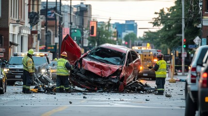 Naklejka premium Tow truck removes damaged car from accident scene on American street. Emergency responders assist on site.