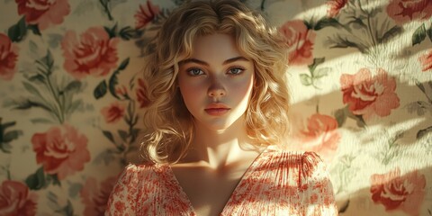 Vintage style portrait of a girl with floral background and soft lighting