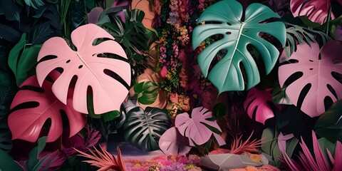 Foliage background with colorful pastel monstera.