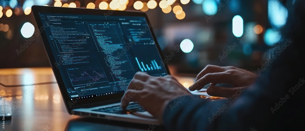 Poster a person coding on a laptop, displaying data and graphs in a dimly lit environment.