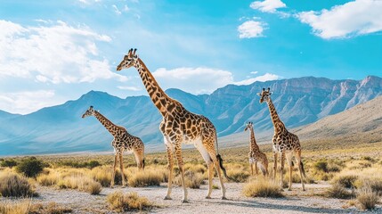 Fototapeta na wymiar A family of giraffes roaming freely in a nature reserve, with a backdrop of mountains and a bright blue sky, emphasizing their natural habitat.