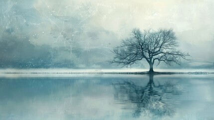 A solitary tree stands in a misty field, its reflection mirrored in the still water.  The sky above is a canvas of soft blues and grays.