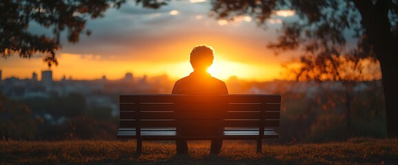 Fototapeta premium Silhouette of a person sitting on a bench at sunset with a city skyline in the background.