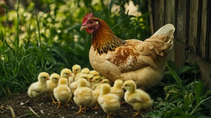Fototapeta premium A mother hen surrounded by her fluffy yellow chicks, pecking the ground in a green farmyard, with the hen protectively watching over her young.