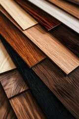Assorted wood and laminate flooring samples fanned out, showcasing a variety of textures and shades, modern interior design options