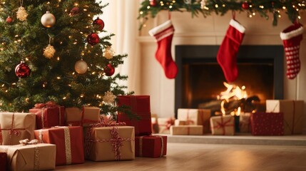 Festive Christmas Scene with Decorated Tree, Gifts, Stockings by Fireplace in Warm Reds, Greens, and Golds - Copy Space Available for Text