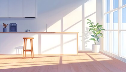 Fototapeta premium Bright modern kitchen with sunlight filtering through windows, illuminating the polished wooden floor, warm and peaceful scene