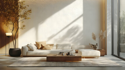 Modern Living Room Interior Design with White Sofa, Wooden Coffee Table, and Neutral Color Palette - 3D Illustration