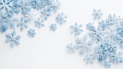 Elegant Icy Blue Snowflake Pattern on White Background with Ample Copy Space for Winter Holiday Content