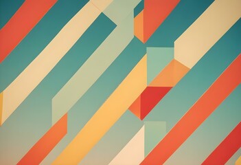 A dark blue background with geometric patterns in red, yellow, and white