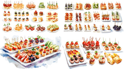 A collection of appetizers and desserts are displayed on a white plate. The appetizers include a variety of fruits, vegetables, and meats, while the desserts include cakes, pastries
