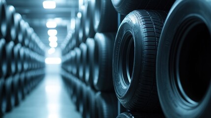 A storage area filled with stacked tires, showcasing an organized industrial space.