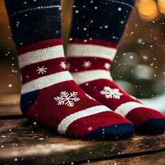 Close-up of holiday-themed socks in red and white, stripes and snowflakes on a wooden surface, cozy winter atmosphere
