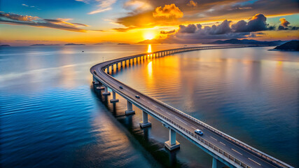 Aerial View of Twilight Coast Highway. Perfect for: Summer vacation, Coastal road trips, Travel advertising