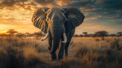 Fototapeta premium An elephant with one damaged ivory tusk The African bush elephant