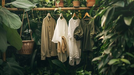 Four shirts hanging on a bamboo clothes rack in a lush tropical garden.