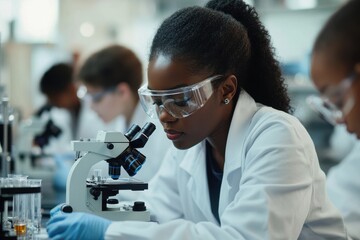 A diverse team of young scientists working in a lab, conducting research and experimenting with black ink on microchips using a microscope in the laboratory at night.
