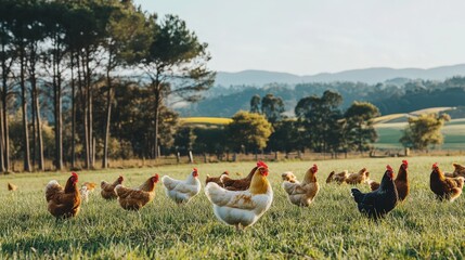 Chicken on a mountain farm., Flock Of Chickens Including Hens And Roosters In Open Grassy Field.