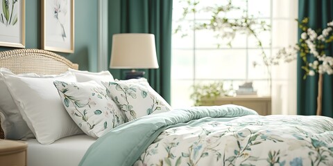 Comfortable bed with pillows in modern bedroom