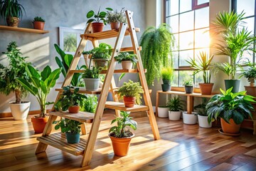 Fototapeta premium Wooden Ladder with Potted Plants Displayed in a Bright and Cozy Indoor Living Space Decor