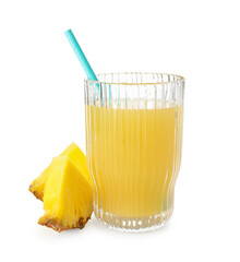 Glass with pineapple juice, straw and pieces of fresh fruit isolated on white