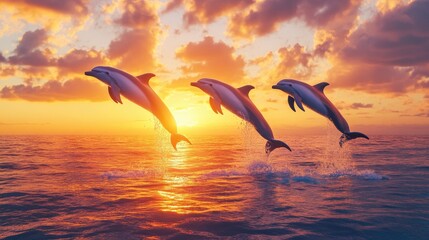 Fototapeta premium A group of dolphins performing acrobatics in a marine park, leaping high into the air against a vibrant sunset backdrop, showcasing their agility and grace.
