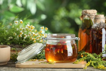 Different natural tinctures and herbs on wooden table outdoors, closeup