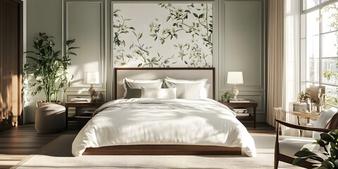 Modern bedroom interior design with bed and plant decor.