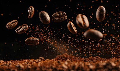 Flying roasted coffee beans in motion with scattering coffee grounds, captured against a dark background, is perfect for representing energy, caffeine, and the essence of freshly brewed coffee.