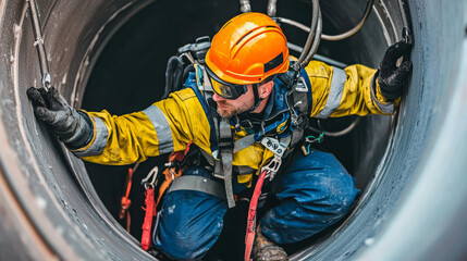 maintenance worker in safety helmet and gear is carefully navigating inside large cylindrical structure, showcasing importance of safety in industrial environments
