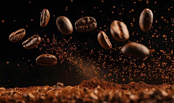 Flying roasted coffee beans in motion with scattering coffee grounds, captured against a dark background, is perfect for representing energy, caffeine, and the essence of freshly brewed coffee.