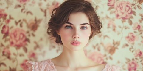 Vintage style portrait of a girl with floral background and soft lighting