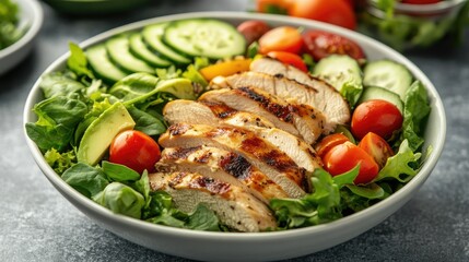 A healthy chicken salad bowl with grilled chicken slices, fresh mixed greens, avocado, cherry tomatoes, cucumbers, and a drizzle of olive oil. -