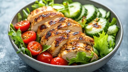 A healthy chicken salad bowl with grilled chicken slices, fresh mixed greens, avocado, cherry tomatoes, cucumbers, and a drizzle of olive oil.