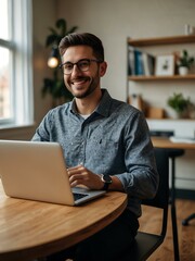 A remote worker attending a virtual meeting with in-office colleagues.