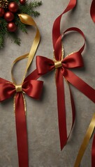 A red ribbon with a gold bow for Christmas decoration ideas.