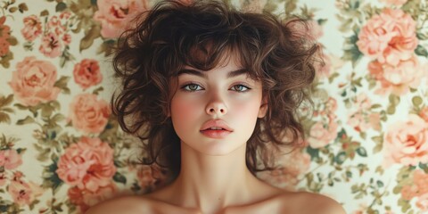 Vintage style portrait of a girl with floral background and soft lighting