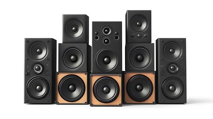 Fototapeta premium A collection of various audio speakers in black and brown, arranged in a staggered formation.