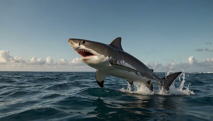 A shark leaps out of the ocean, splashing against a clear sky.