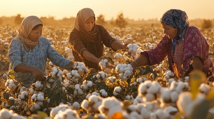 Uzbek women harvest cotton in a field near Samarkand, Uzbekistan.