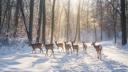 A herd of deer walking through a snowy forest, their footprints visible in the fresh snow, with sunlight streaming through the bare trees.