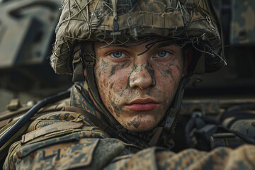 Fototapeta premium Generated with AI close up photo of soldier in full combat gear