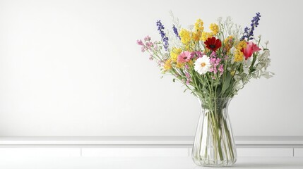 Obraz premium An elegant glass vase showcasing a colorful bouquet of wildflowers, set against a minimalist backdrop of white walls and a sleek countertop.