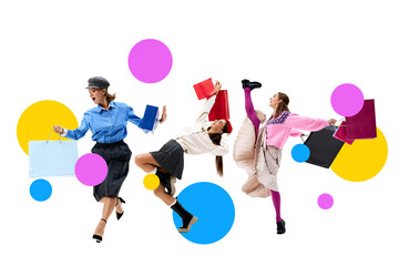 Poster. Contemporary art collage. Bright colors and bold moves as young female shoppers celebrate Black Friday's epic sales. Big savings in every store. Concept of shopping, sales season, discounts.