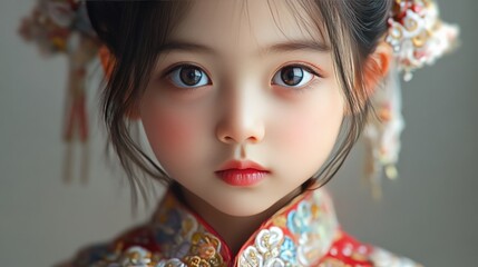Fototapeta premium Hyper-realistic portrait of a young Chinese girl in traditional dress with delicate facial features