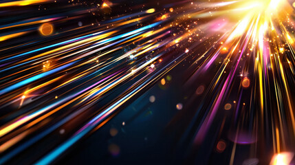 Fototapeta premium Vibrant light streaks create energetic and dynamic atmosphere, with colorful beams radiating against dark background. This abstract image evokes sense of movement and excitement