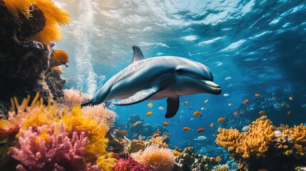 Obraz premium An underwater shot of a dolphin swimming alongside colorful coral reefs, surrounded by schools of fish, showcasing the vibrant life of the ocean.