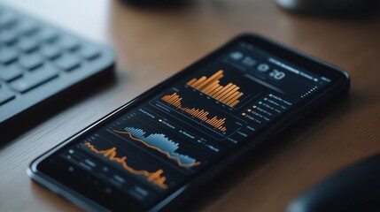 A smartphone displaying data visualizations with graphs and statistics.
